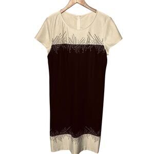 VTG St. John Evening Dress Cream Black Santana Knit Silver Metallic Studded 12